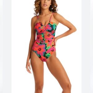 New Sanctuary Floral Print Shirred one piece Swimsuit size M